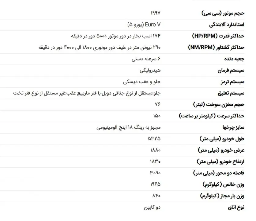 جدول مشخصات فنی پیکاپ KMC T8 کرمان موتور