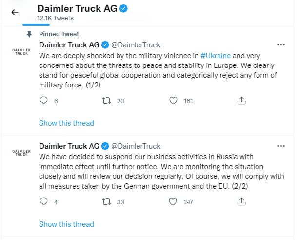 توئیت تعلیق فعالیت های دایملر تراک در روسیه