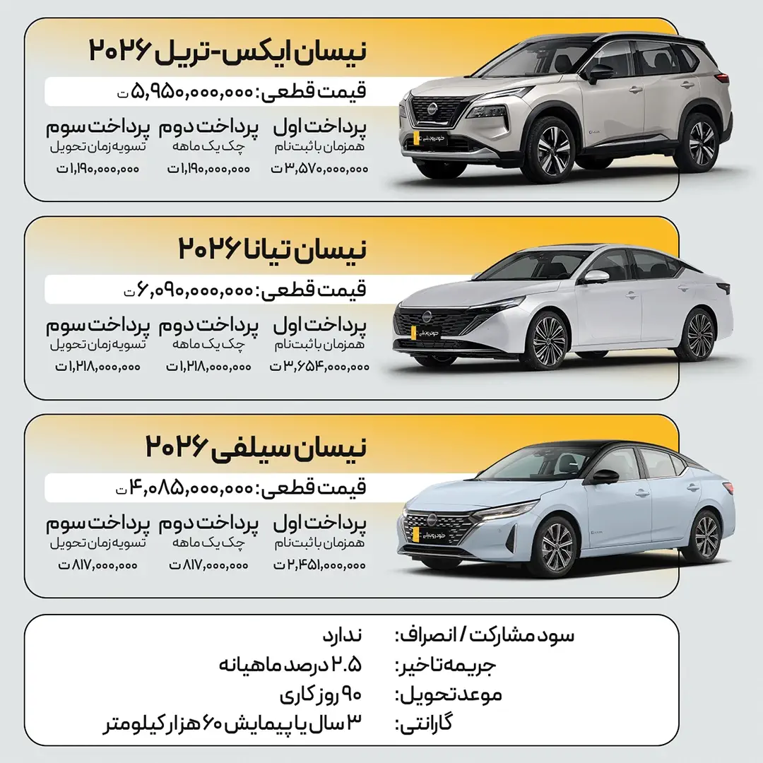 قیمت و شرایط فروش نیسان ایکستریل، سیلفی و تیانا وارداتی پلاک منطقه آزاد مازندران